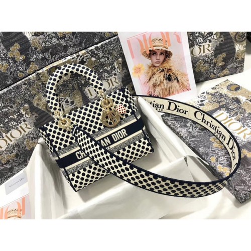 Średnia damska torba D-Lite DIORAMOUR Granatowa Dior Dots Haft M0565OBB Granatowa