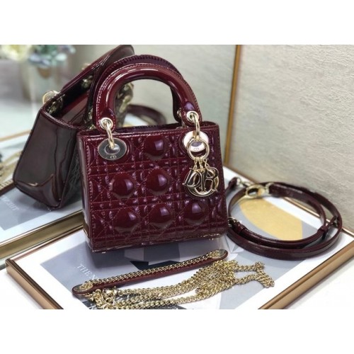MINI TOREBKA LADY DIOR Patent Cannage Calfskin M0505O bordowa