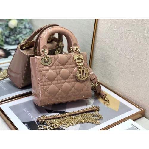 MINI TOREBKA LADY DIOR Patent Cannage Calfskin M0505O jasnoróżowa