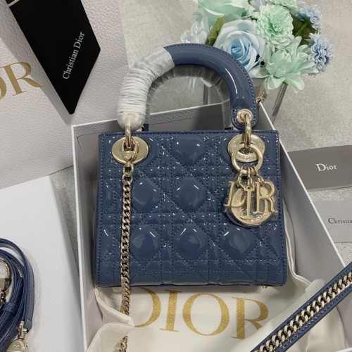MINI TOREBKA LADY DIOR Lakierowana skóra cielęca Cannage M0566OW Niebiesko-złota