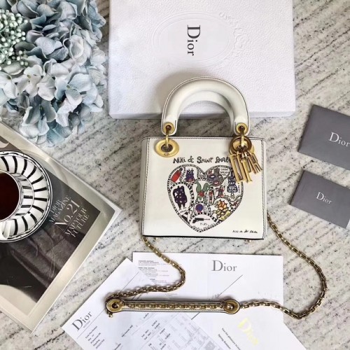 MINI TOREBKA LADY DIOR Z ŁAŃCUCHEM Z BIAŁEJ GŁADKIEJ SKÓRY CIELĘCEJ Z HAFTEM NIKI DE SAINT PHALLE M927