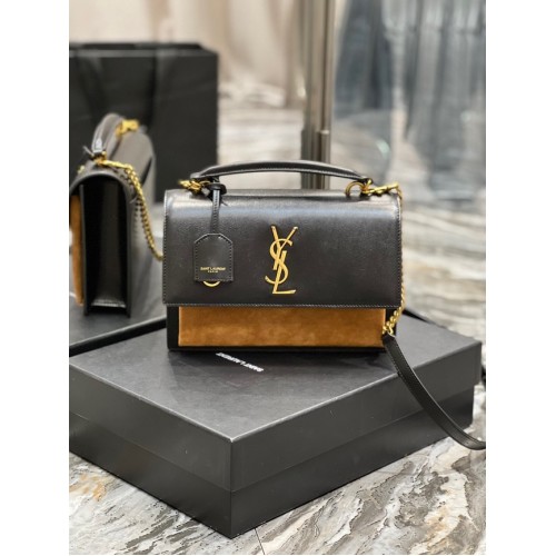 SAINT LAUREN SUNSET ŚREDNI GÓRNY UCHWYT Z GŁADKIEJ SKÓRY 634723 CZARNO-BRĄZOWY