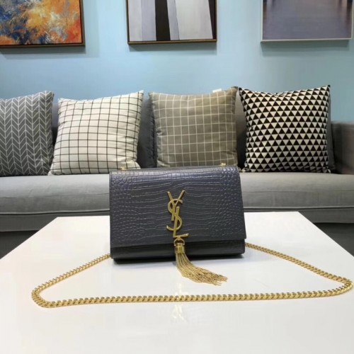 SAINT LAURENT Kate skórzana torba na ramię z tłoczeniem krokodyla 474366 szara