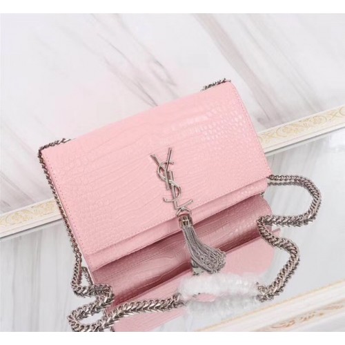 SAINT LAURENT Kate torebka na ramię ze skóry naturalnej z monogramem i tłoczeniem krokodyla, średniej wielkości, kolor różowy 9288