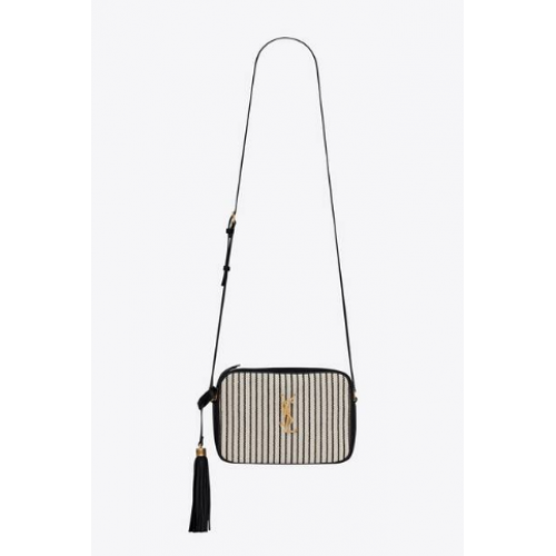 TORBA APARATOWA SAINT LAURENT LOU Z PŁÓTNA I GŁADKIEJ SKÓRY 612542 CREAM ET NOIR