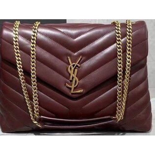 SAINT LAURENT Loulou Monogram średnia pikowana skórzana torba na ramię 74558 Wine Gold Hardware