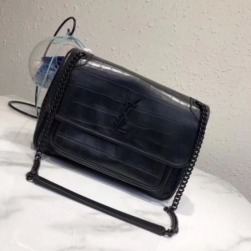 SAINT LAURENT Średnia torebka Niki na łańcuszku Cabas ze skóry tłoczonej we wzór krokodyla 498894 Czarna