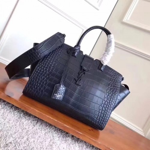 SAINT LAURENT NANO SOFT DAY BAG Torba typu tote ze skóry tłoczonej we wzór krokodyla 3807 czarna