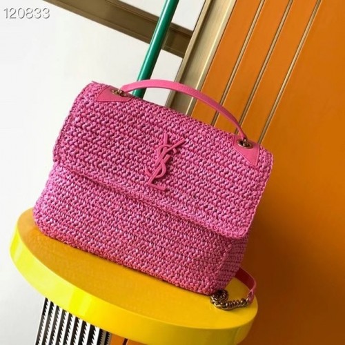 SAINT LAURENT NIKI ŚREDNIA TOREBKA NA ŁAŃCUSZKU Z RAFII 498894 Śliwkowa