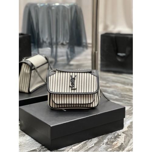 SAINT LAURENT NIKI MAŁA TOREBKA NA ŁAŃCUSZKU Z PŁÓTNA 633151 CREAM ET NOIR