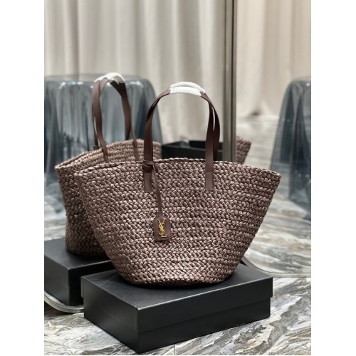 SAINT LAURENT PANIER ŚREDNIA TOREBKA Z RAFII 693242 KAWOWA