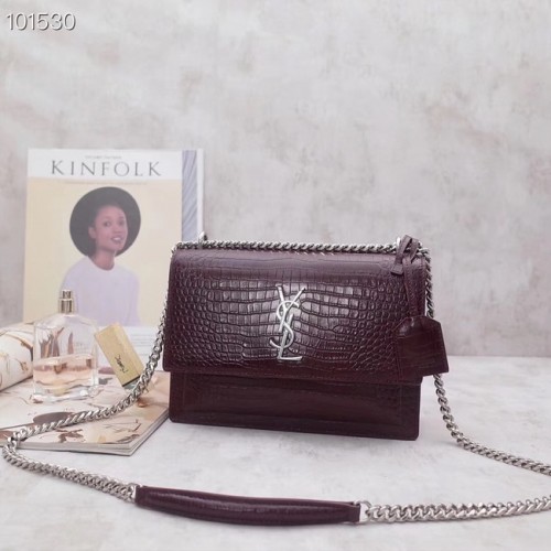 SAINT LAURENT Torba na ramię ze skóry z tłoczeniem krokodyla w kolorze zachodzącego słońca 442906 Burgund