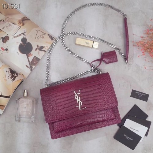 SAINT LAURENT Sunset skórzana torba na ramię z tłoczonym wzorem krokodyla 442906 różowa