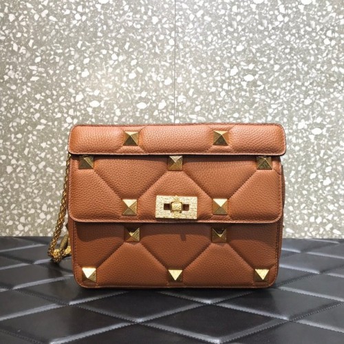 VALENTINO GARAVANI Torba na ramię ze skóry cielęcej ziarnistej 2B0I59 brązowa