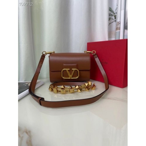 VALENTINO GARAVANI Torba na ramię z licowej skóry cielęcej V0196 brązowa