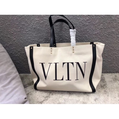 VALENTINO Rockstud Canvas Shopping Bag V0978 Bialo-czarna