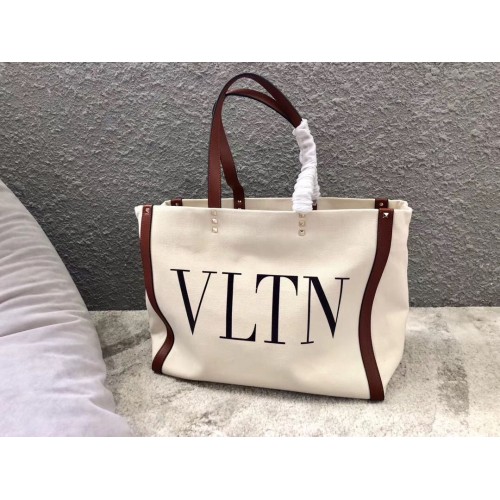 VALENTINO Rockstud Canvas Shopping Bag V0978 Bialo-wino