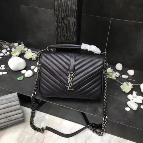 YSL Klasyczna torebka z monogramem w kolorze czarnym, skórzana, z klapką Y392737, srebrna
