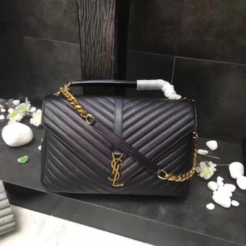 YSL Klasyczna torebka z monogramem w kolorze czarnym, skórzana, z klapką Y392738, złota