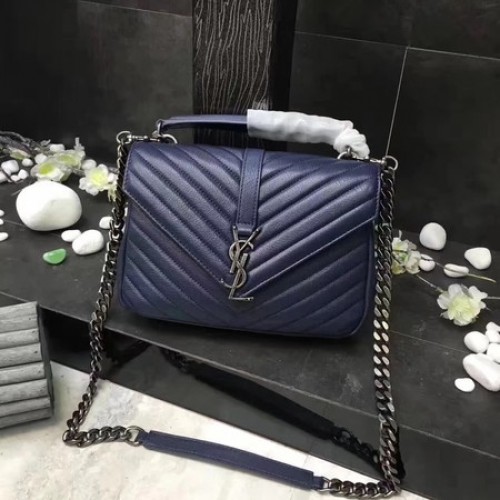 YSL Klasyczna torebka z monogramem w kolorze niebieskim, skórzana, z klapką Y392737, srebrna