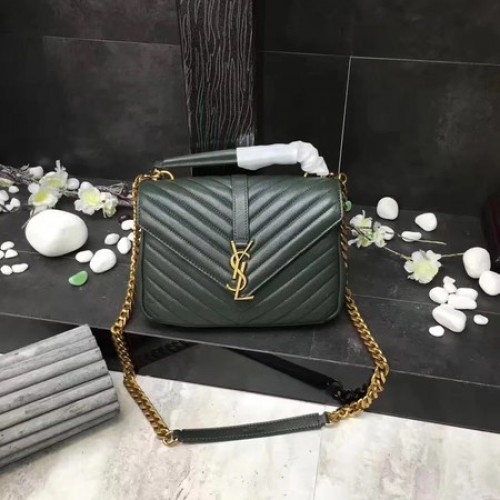 YSL Klasyczna torebka z monogramem w kolorze zielonym, skórzana, z klapką Y392737, złota