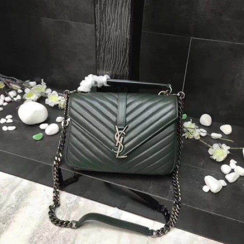 YSL Klasyczna torebka z monogramem w kolorze zielonym, skórzana, z klapką Y392737, srebrna