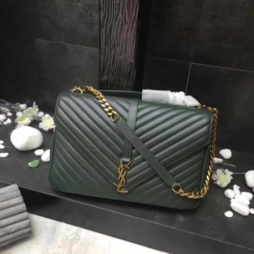YSL Klasyczna torebka z monogramem w kolorze zielonym, skórzana, z klapką Y392738, złota