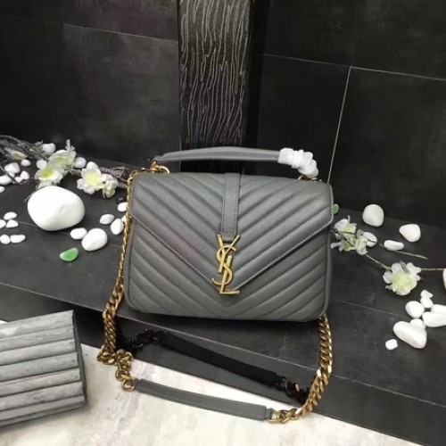 YSL Klasyczna torebka z monogramem w kolorze szarym, skórzana, z klapką Y392737, złota