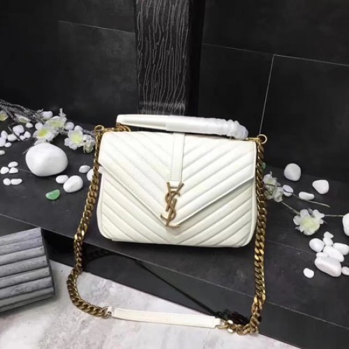 YSL Klasyczna torebka z monogramem w kolorze białym ze skóry z klapką Y392737 Złota
