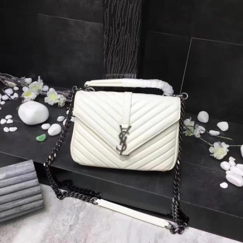 YSL Klasyczna torebka z monogramem w kolorze białym, skórzana, z klapką Y392737, srebrna