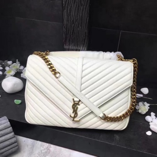 YSL Klasyczna torebka z monogramem w kolorze białym ze skóry z klapką Y392738 Złota