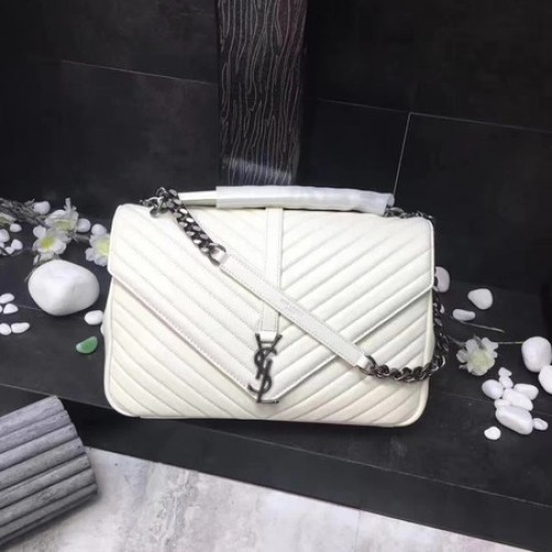 YSL Klasyczna torebka z monogramem w kolorze białym ze skóry z klapką Y392738 w kolorze srebrnym