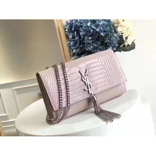 Yves Saint Laurent Oryginalna skórzana torba na ramię Crocodile 1456 w kolorze różowo-srebrnym